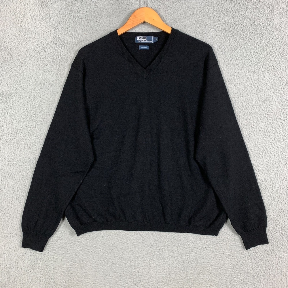 VTG Polo Ralph Lauren Sweater Mens XXL 2XL Black‎ 100% Wool V Neck Pullover Knit